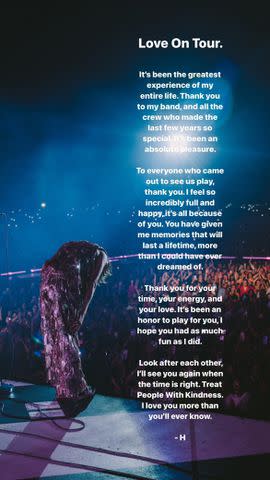 <p>Harry Styles/Instagram</p> Harry Styles posts a message to his fans at the end of Love on Tour.