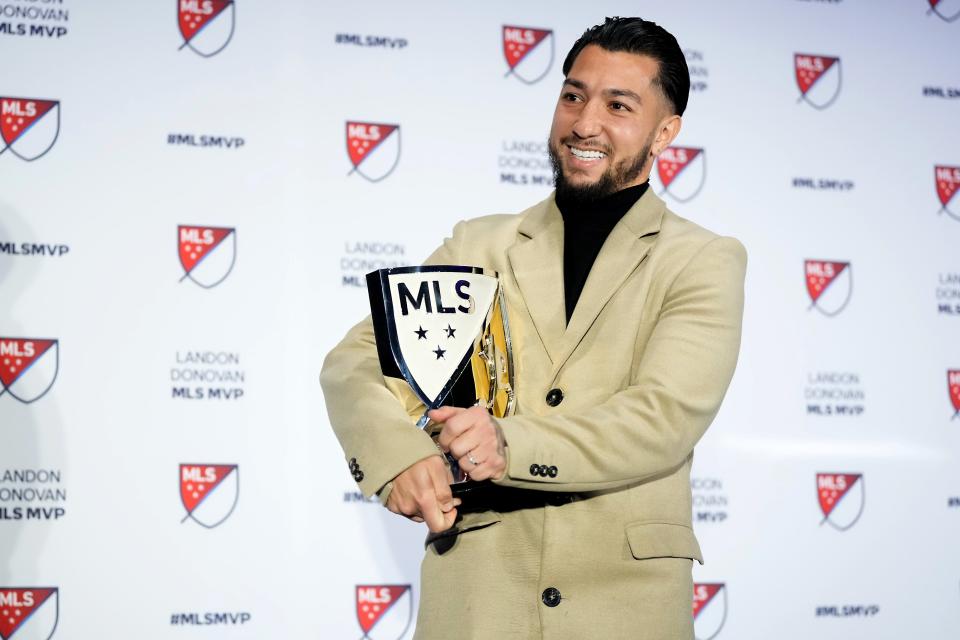 FC Cincinnati midfielder Luciano Acosta poses for a photo after being named Major League Soccer’s Most Valuable Player for the 2023 season on Monday, Nov. 27, 2023, at TQL Stadium in Cincinnati, Ohio.