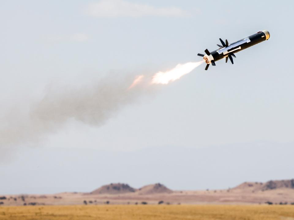 A Javelin missile fired by soldiers with the 2nd Stryker Brigade Combat Team heads toward a target during a live-fire training exercise on April 28, 2022 in Fort Carson, Colorado.