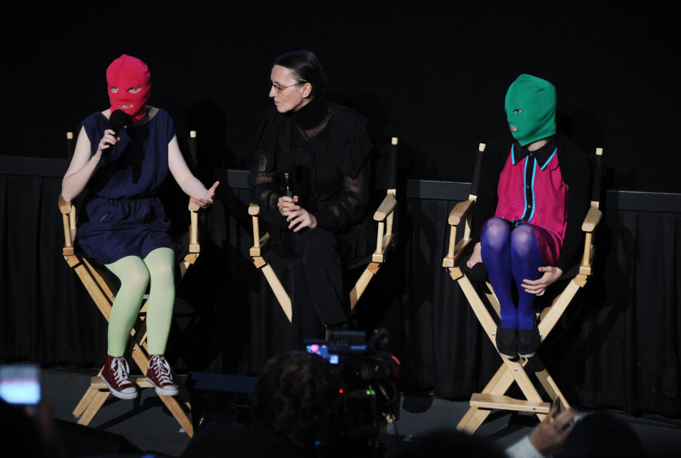 Headlights (L) and Puck (R) from 'Pussy Riot' speak at 'Pussy Riot: A Punk Prayer' at Landmark's Sunshine Cinema on June 5, 2013 in New York City. (Photo by Ilya S. Savenok/Getty Images)