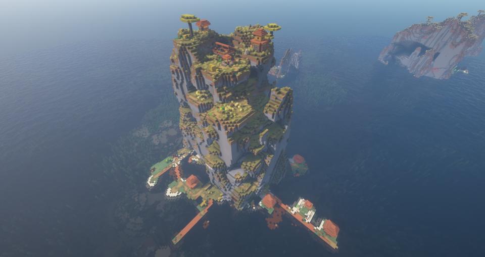  Minecraft seeds - A narrow but very tall pillar-like island with a village climbing its sides. 