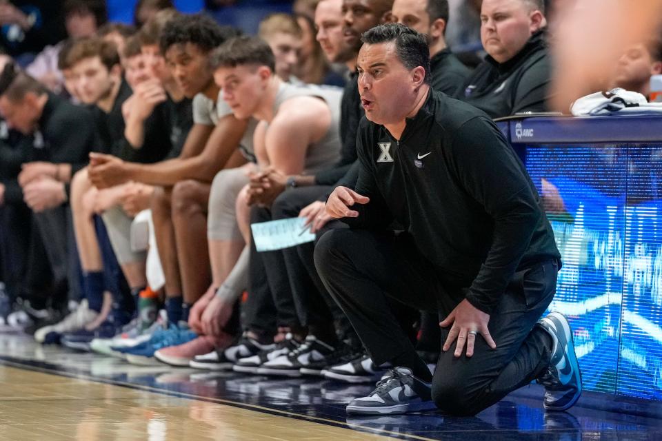 Xavier Musketeers head coach Sean Miller shouts to his defense in the first half of the NCAA Big East conference basketball game between the Xavier Musketeers and the DePaul Blue Demons at the Cintas Center in Cincinnati on Wednesday, Feb. 28, 2024.