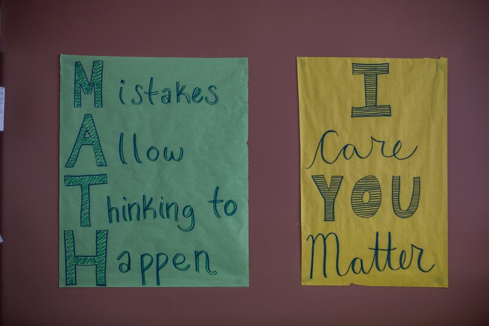 Encouraging signage is posted in the algebra II/pre-calculus class at Burton High School in San Francisco.