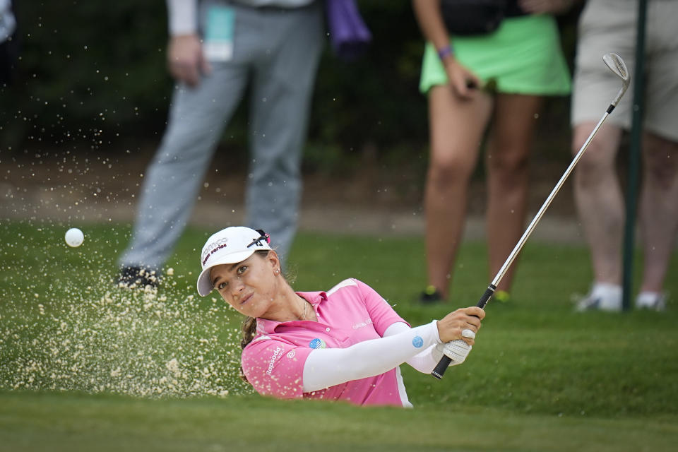 Stephanie Kyriacou, of Australia, chips to the fourth green during the third round of the Chevron Championship LPGA golf tournament Saturday, April 20, 2024, at The Club at Carlton Woods, in The Woodlands, Texas. (AP Photo/Eric Gay)
