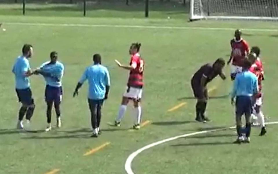 Videograb taken from NW London FC of amateur referee Satyam Toki reacts after being punched by a player who had been sent off - PA/NW London FC