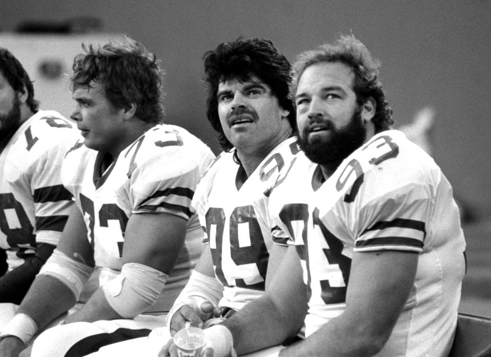 UNITED STATES - NOVEMBER 18: The famous Sack Exchage squad, including (from left) Joe Klecko, Mark Gastineau and Marty Lyons, catches their breath on the bench during the game against Tampa Bay.  (Photo by Gene Kappock/NY Daily News Archive via Getty Images)