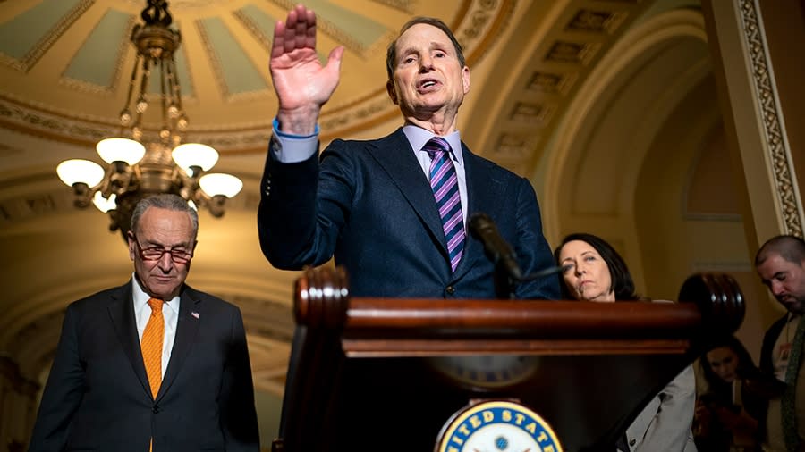 Sen. Ron Wyden (D-Ore.) addresses reporters following the weekly policy luncheon on Tuesday, March 22, 2022.