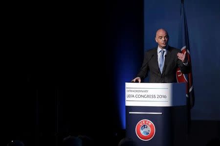 FIFA President Gianni Infantino speaks before the election of the new UEFA President in Athens, Greece September 14, 2016. REUTERS/Alkis Konstantinidis