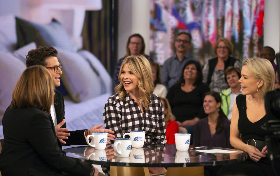 This Oct. 23, 2018 photo released by NBC shows guests, from left, Melissa Rivers, Jacob Soboroff, Jenna Bush Hager and host Megyn Kelly during a Halloween segment on "Megyn Kelly Today," in New York where Kelly defended the use of blackface. NBC announced on Oct. 26, that "Megyn Kelly Today" will not return. (Nathan Congleton/NBC via AP)