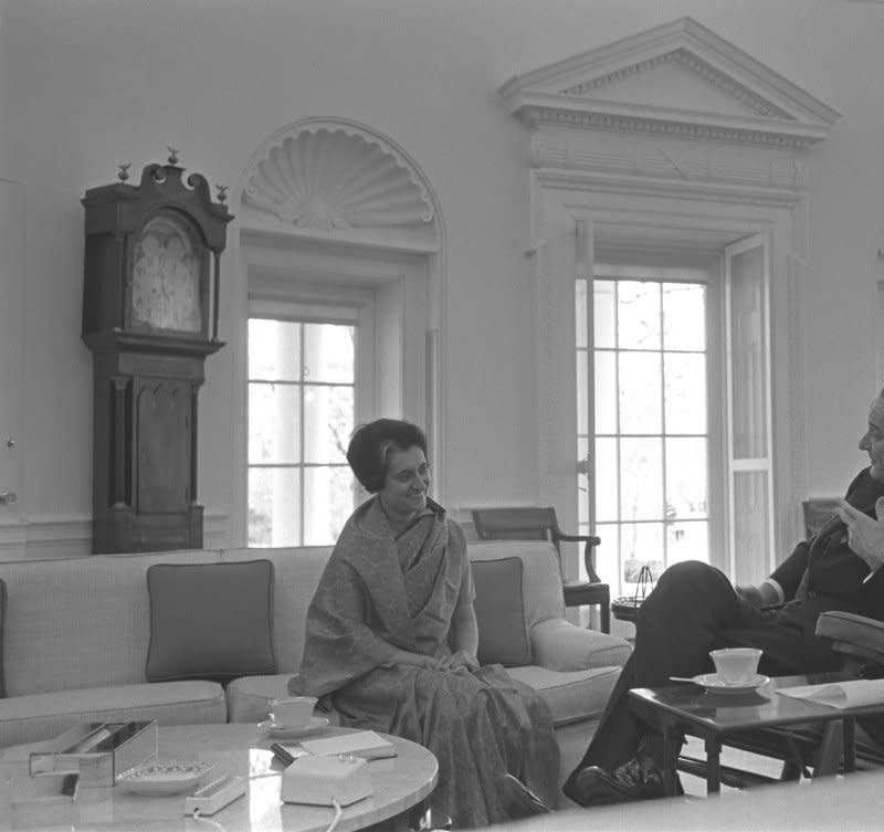 Indian Prime Minister Indira Gandhi meets with U.S. President Lyndon Johnson in the Oval Office of the White House on March 28, 1966. On October 31, 1984, Gandhi was assassinated outside her home in a volley of gunfire by Sikh members of her own security force. File Photo by Yoichi Robert Okamoto/White House