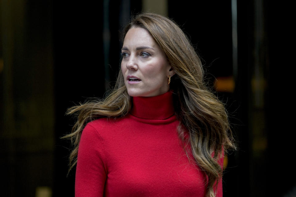 FILE - Britain's Kate, Duchess of Cambridge, leaves BAFTA, after she delivered a speech to launch the "Taking Action On Addiction" campaign, in London, Tuesday, Oct. 19, 2021. (AP Photo/Alberto Pezzali, File)