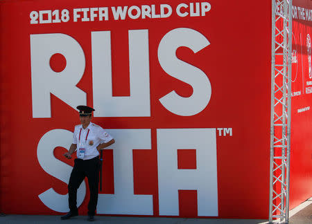 Soccer Football - FIFA World Cup - Group G - Tunisia v England - Volgograd, Russia - June 17, 2018 - A security officer stands guard at a Fan Zone. REUTERS/Gleb Garanich