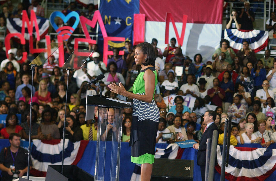 First lady Michelle Obama, speaks about the importance of voting Wednesday, Sept. 19, 2012 at Williams Arena at East Carolina University in Greenville, N.C. (AP Photo/Daily Free Press, Janet S. Carter) MANDATORY CREDIT
