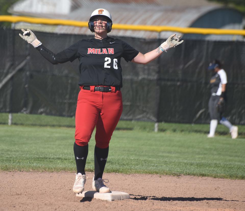 Leila Daniels of Milan delighted after hitting a double against Airport as they won the Huron League match-up 10-6 Tuesday, April 30, 2024.