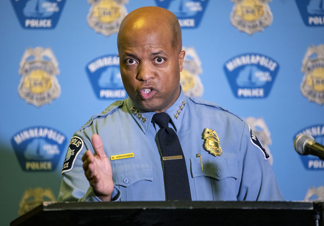 Minneapolis Police Chief Medaria Arradondo addresses the media regarding the proposed charter amendment that would replace the police department, during a new conference at St. Mary's Greek Orthodox Church, Wednesday, Oct. 27, 2021, in Minneapolis. 