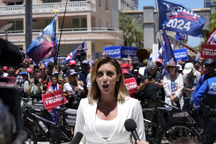 Alina Habba, lawyer for former President Donald Trump, speaks outside the Wilkie D. Ferguson Jr. U.S. Courthouse, Tuesday, June 13, 2023, in Miami. Trump is making a federal court appearance on dozens of felony charges accusing him of illegally hoarding classified documents and thwarting the Justice Department's efforts to get the records back. (AP Photo/Alex Brandon)