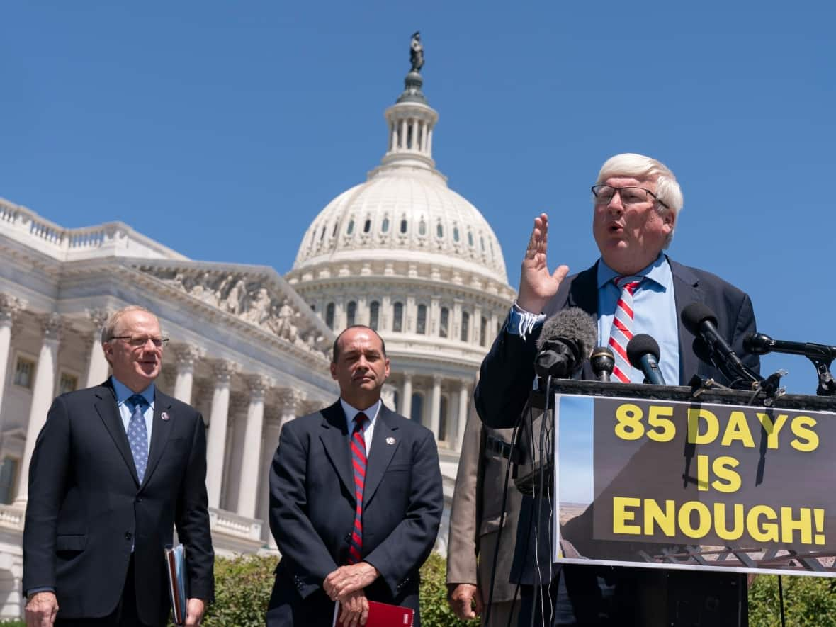 Republican Rep. Glenn Grothman from Wisconsin speaks outside the U.S. Capitol in June 2021. Grothman opined on the floor of the House of Representatives Thursday that other countries, including Canada, are less successful than the United States because of cultural divisions. ( Jacquelyn Martin/The Associated Press - image credit)