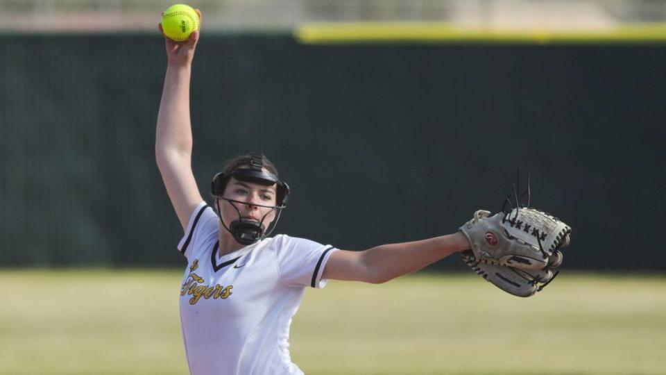 London Sutton pitches for the Tigers. Mission Prep won 7-0 over San Luis Obispo High School in a softball playoff on May 15, 2024.