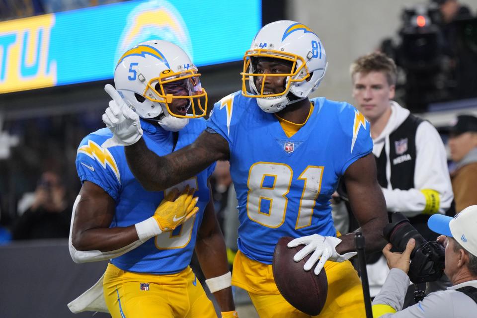Los Angeles Chargers wide receiver Mike Williams (81) celebrates his a 10-yard touchdown reception against the Miami Dolphins.