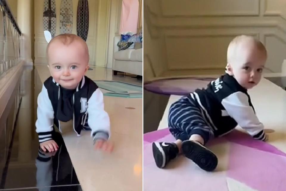 <p>Paris Hilton/TikTok</p> Phoenix Barron crawling at home 