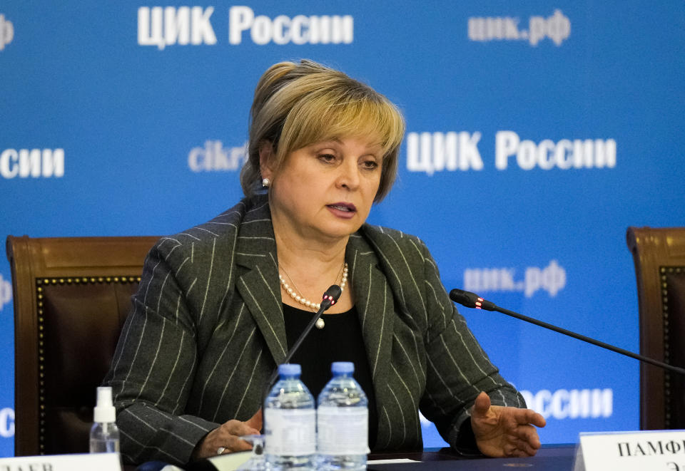 Ella Pamfilova, head of Russian Central Election Commission, gestures while speaking after the Parliamentary elections at the Russian Central Election commission in Moscow, Russia, Sunday, Sept. 19, 2021. Russia's Central Election Commission chief Ella Pamfilova confirmed at least eight incidents of ballot-stuffing in six Russian regions. In all, the commission has so far invalidated 7,465 ballots in 14 regions. (AP Photo/Pavel Golovkin)