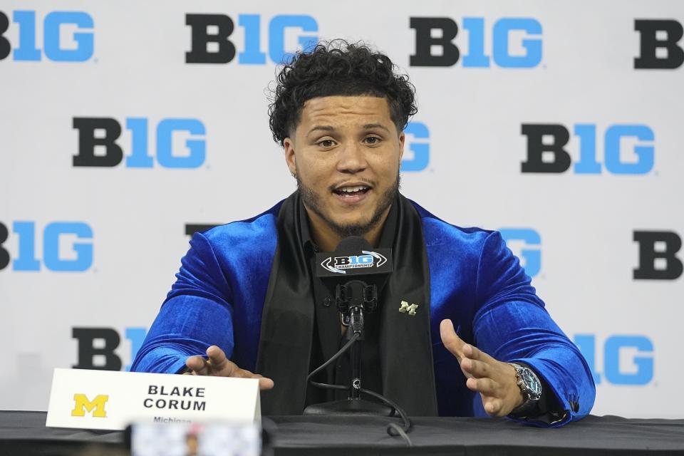 Michigan's Blake Corum speaks during an NCAA college football news conference at the Big Ten Conference media days at Lucas Oil Stadium, Thursday, July 27, 2023, in Indianapolis. (AP Photo/Darron Cummings)