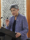 Australia's Foreign Minister Senator Penny Wong speaks in Suva, Fiji, Thursday, May 26, 2022. Wong says it was up to each island nation to decide what partnerships they formed and what agreements they signed, but urged them to consider the benefits of sticking with Australia. (Leon Lord/Fiji Sun via AP)