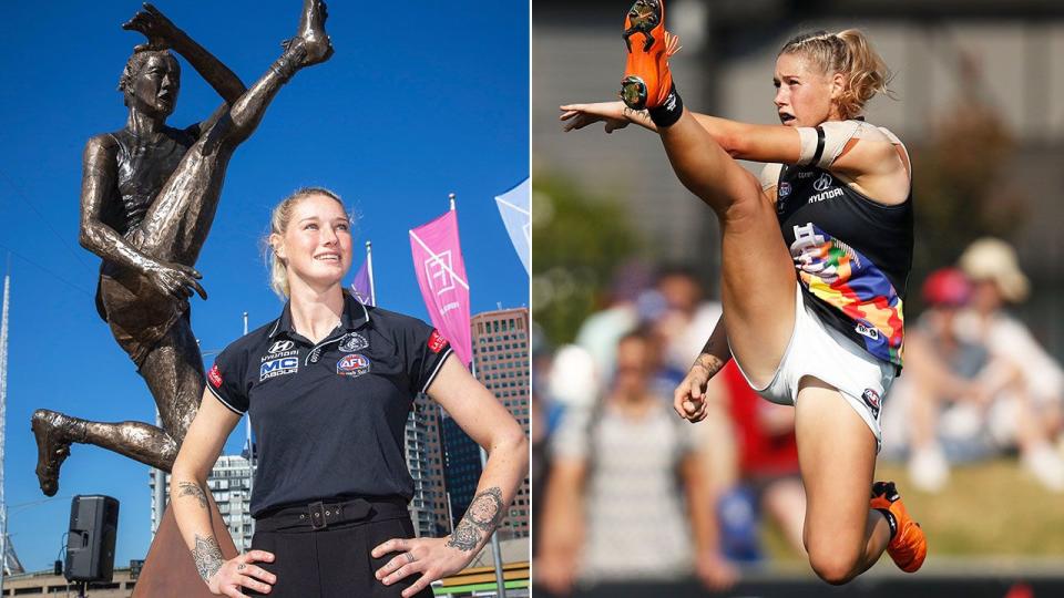 Tayla Harris' kick has been immortalised in statue form. Image: Getty