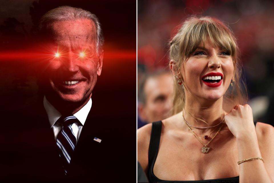 <p>Joe Biden/Instagram; Ben Liebenberg via AP</p> Dark Brandon Joe Biden meme, Taylor Swift