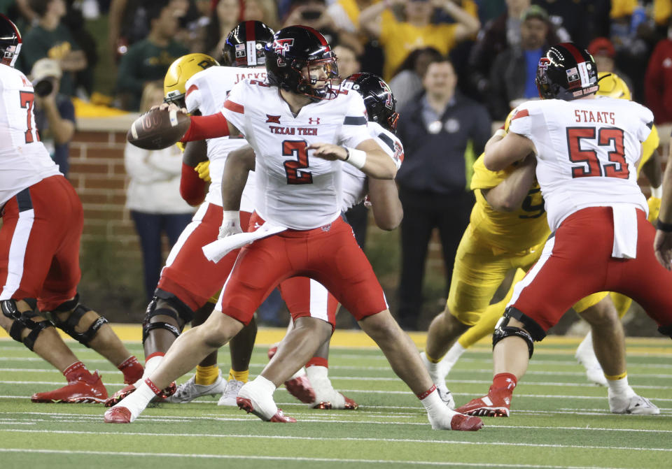 Texas Tech quarterback Behren Morton (2) looks to throw to the sideline against Baylor in the first half of an NCAA college football game, Saturday, Oct. 7, 2023, in Waco, Texas. (Rod Aydelotte/Waco Tribune-Herald, via AP)