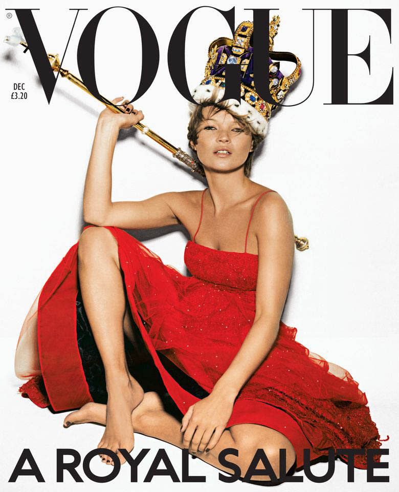 Vogue: 'Royal Salute', 2001. British supermodel Kate  Moss was chosen for the December issue to celebrate the following year's Golden Jubilee wearing a Giorgio Armani tulle dress, a replica Coronation crown and sceptre (PPA)