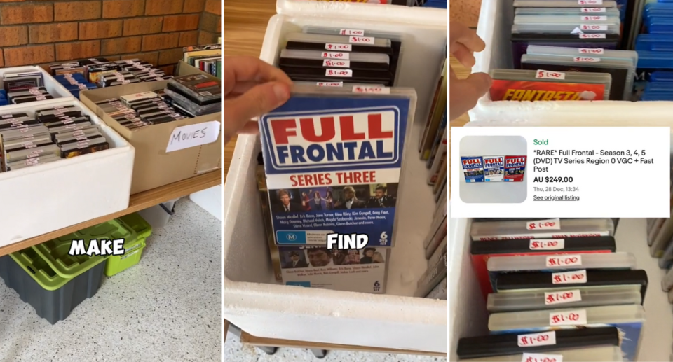 The boxes of DVDs at the garage sale in the Gippsland region (left), the Full Frontal series three DVD (middle) and the box of DVDs with an insert image of the $250 sale on eBay (right). 