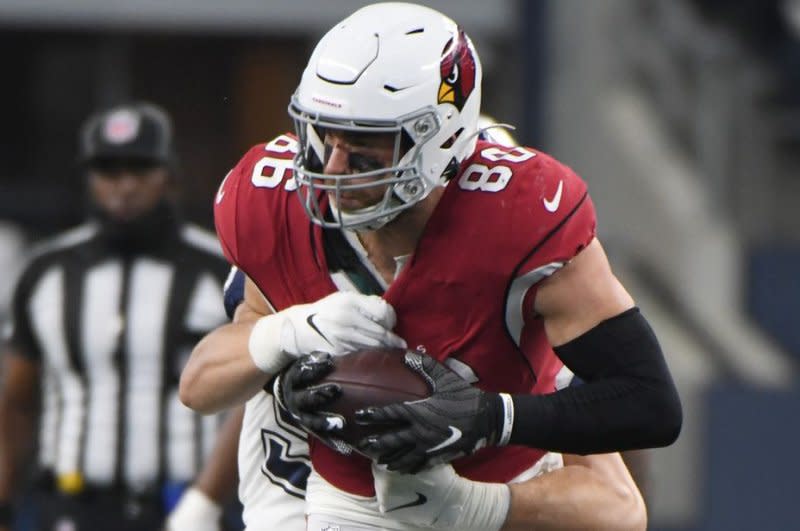 Veteran tight end Zach Ertz appeared in seven games this season for the Arizona Cardinals. File Photo by Ian Halperin/UPI