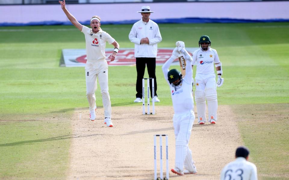 Stuart Broad unsuccessfully appeals for the wicket of Pakistan captain Azhar Ali - PA