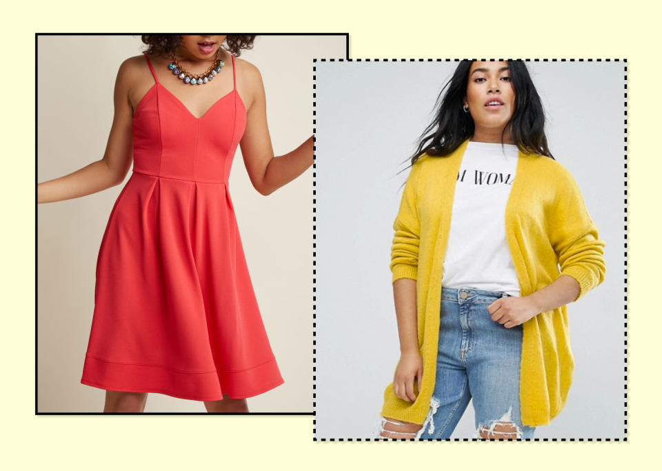 <p>You can keep wearing your favorite bright sundress — like this <a rel="nofollow noopener" href="https://www.modcloth.com/shop/party-dresses/v-neck-pleated-a-line-dress/153080.html?dwvar_153080_color=CORAL#sz=84&start=100" target="_blank" data-ylk="slk:ModCloth;elm:context_link;itc:0;sec:content-canvas" class="link ">ModCloth</a> V-Neck Pleated A-Line Dress, $60 — by slipping on an equally bright cardigan, like <a rel="nofollow noopener" href="http://us.asos.com/asos-curve/asos-curve-cardigan-in-fine-knit-fluffy-yarn/prd/8387096?clr=yellow&SearchQuery=curve+cardigan&pgesize=9&pge=0&totalstyles=9&gridsize=3&gridrow=2&gridcolumn=2" target="_blank" data-ylk="slk:ASOS;elm:context_link;itc:0;sec:content-canvas" class="link ">ASOS</a> Curve’s Cardigan in Fluffy Yarn, $40. (Photo: ModCloth/ASOS) </p>