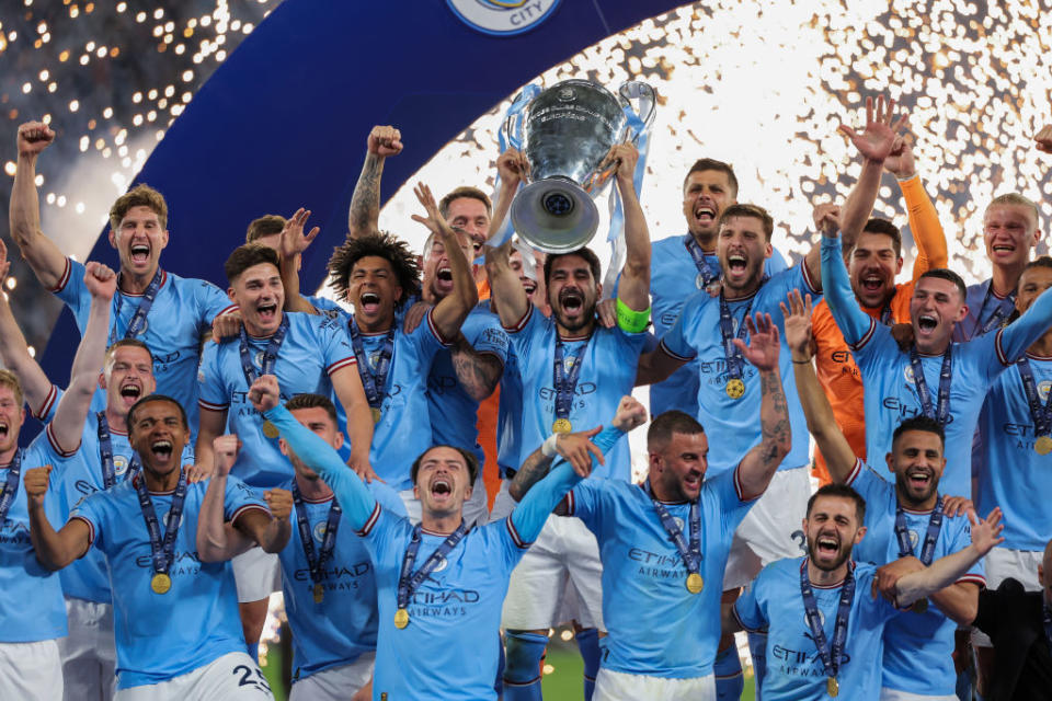 ISTANBUL, TURKEY - JUNE 11: Players celebrating the win during the UEFA Champions League Final match between Manchester City FC and FC Internazionale Milano at Ataturk Olympic Stadium on June 11, 2023 in Istanbul, Turkey. (Photo by BSR Agency/Getty Images)