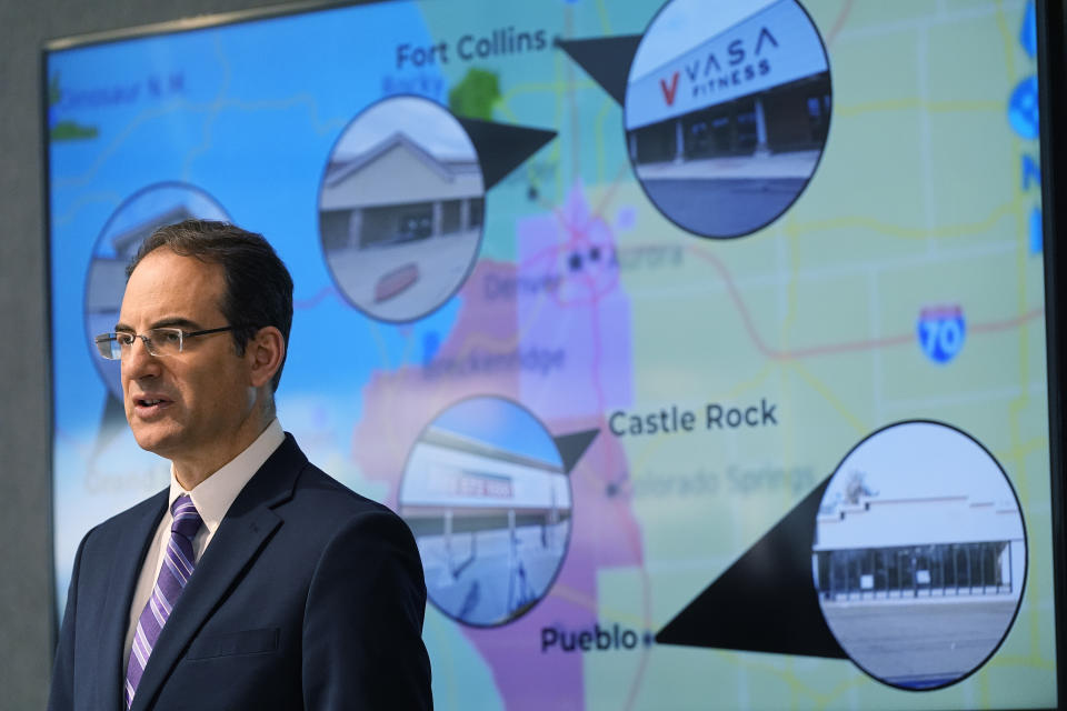 Colorado Attorney General Phil Weiser announces the filing of a lawsuit to block the Kroger/Albertsons merger on the basis of eliminating competition during a news conference Wednesday, Feb. 14, 2024, in Denver. After a yearlong investigation, the suit was filed in Denver district court to block the $24.6-billion proposed merger between Kroger and Albertsons, which are two of the largest supermarket chains in Colorado. (AP Photo/David Zalubowski)