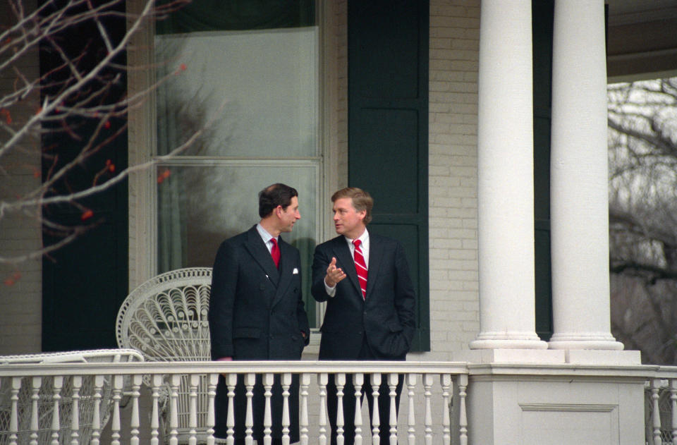 Prince Charles talks with Dan Quayle at the vice president's residence on Feb. 17, 1989.