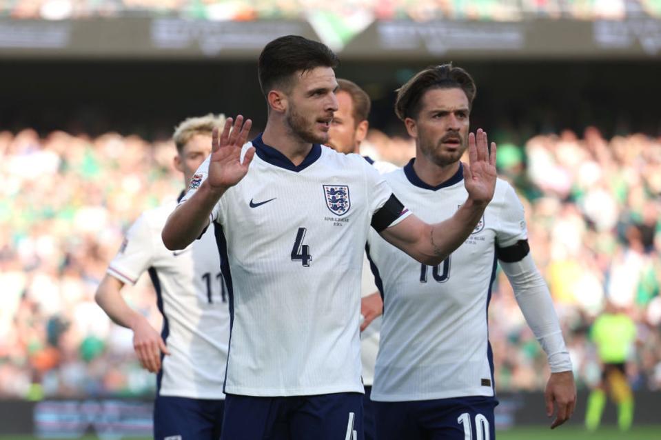 Declan Rice held his hands up in apology after scoring for England against the Republic of Ireland  (The FA via Getty Images)