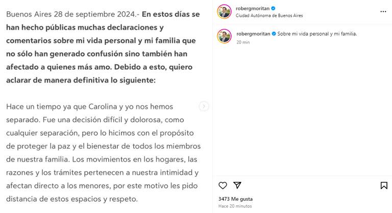 Roberto García Moritán confirmó su separación de Pampita (Foto: Instagram @robergmoritan)