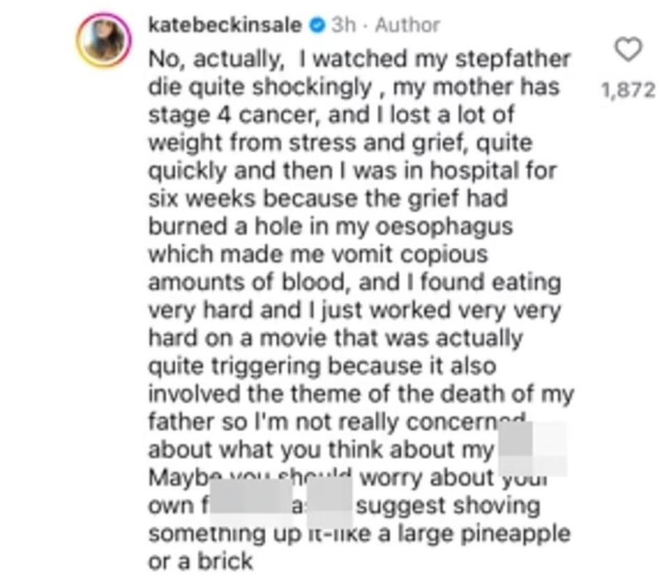 The British star detailed the impact grief has had on her health (Instagram/Kate Beckinsale)