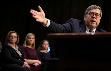 FILE PHOTO: William Barr testifies before the Senate Judiciary Committee confirmation hearing on his nomination to be attorney general of the United States on Capitol Hill in Washington, U.S., January 15, 2019. REUTERS/Jonathan Ernst/File Photo