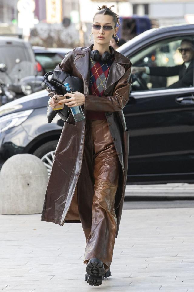 208  Kendall Jenner Black Leather Trench Coat Street Style Autumn