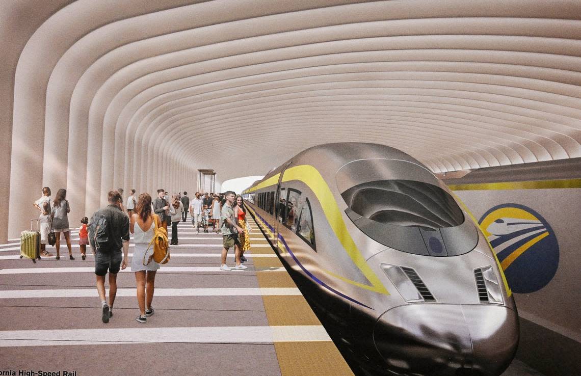 A rendering shows a high-speed rail train as it enters a station during an informational open house by the California High-Speed Rail Authority at the Hilton DoubleTree in downtown Fresno on Wednesday, May 1, 2024.