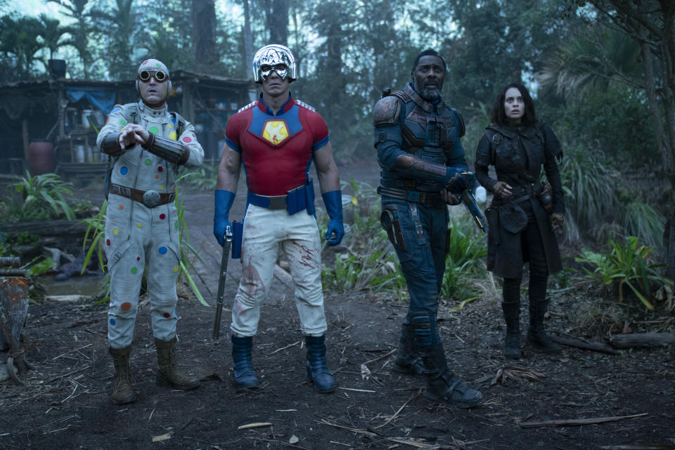 This image provided by Warner Bros. Pictures shows David Dastmalchian, from left, John Cena, Idris Elba and Daniela Melchior in a scene from "The Suicide Squad." (Jessica Miglio/Warner Bros. Pictures via AP)