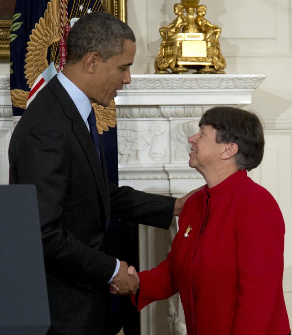 President Barack Obama shakes hands with Mary Joe White in the State Dining Room of the White House in Washington, Thursday, Jan. 24, 2013, after announcing that he will nominate White to lead the Security and Exchange Commission (SEC), and re-nominate Richard Cordray, to lead the Consumer Financial Protection Bureau, a role that he has held for the last year under a recess appointment. (AP Photo/Carolyn Kaster)