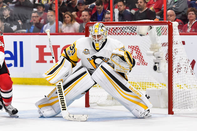 OTTAWA, ON – MAY 17: Matt Murray #30 of the Pittsburgh Penguins remains focused against the Ottawa Senators in Game Three of the Eastern Conference Final during the 2017 NHL Stanley Cup Playoffs at Canadian Tire Centre on May 17, 2017 in Ottawa, Ontario, Canada. The Ottawa Senators defeated the Pittsburgh Penguins 5-1. (Photo by Minas Panagiotakis/Getty Images)