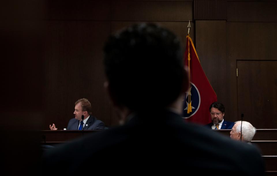 People in the crowd listen during a House Rules Committee meeting at Cordell Hull State Office Building in Nashville, Tenn., Monday, Jan. 8, 2024.