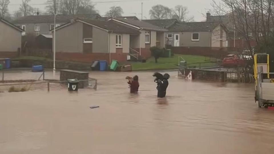 Dogs were carried to safety in Cupar as floodwaters submerged parts of the Fife town (James Matheson)