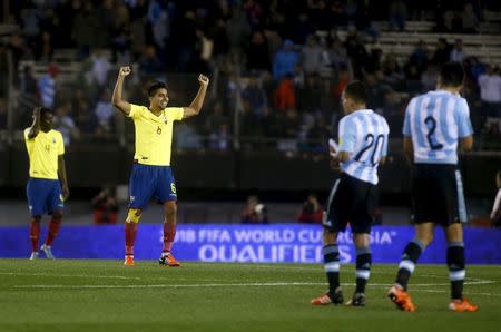 Ecuador's Christian Noboa (2nd L) celebrates at the end of their 2018 World Cup qualifying soccer match against Argentina at the Antonio Vespucio Liberti stadium in Buenos Aires, Argentina, October 8, 2015. REUTERS/Agustin Marcarian